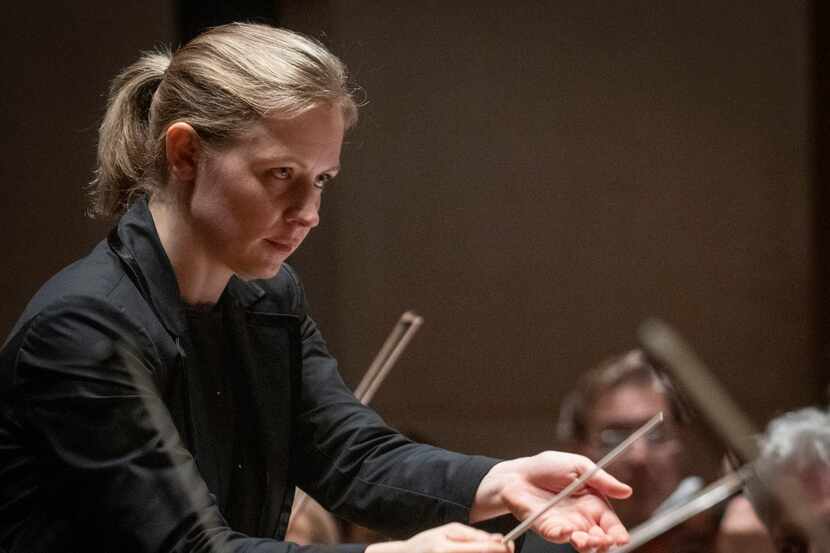 Gemma New, the Dallas Symphony Orchestra’s principal guest conductor, leads the orchestra at...