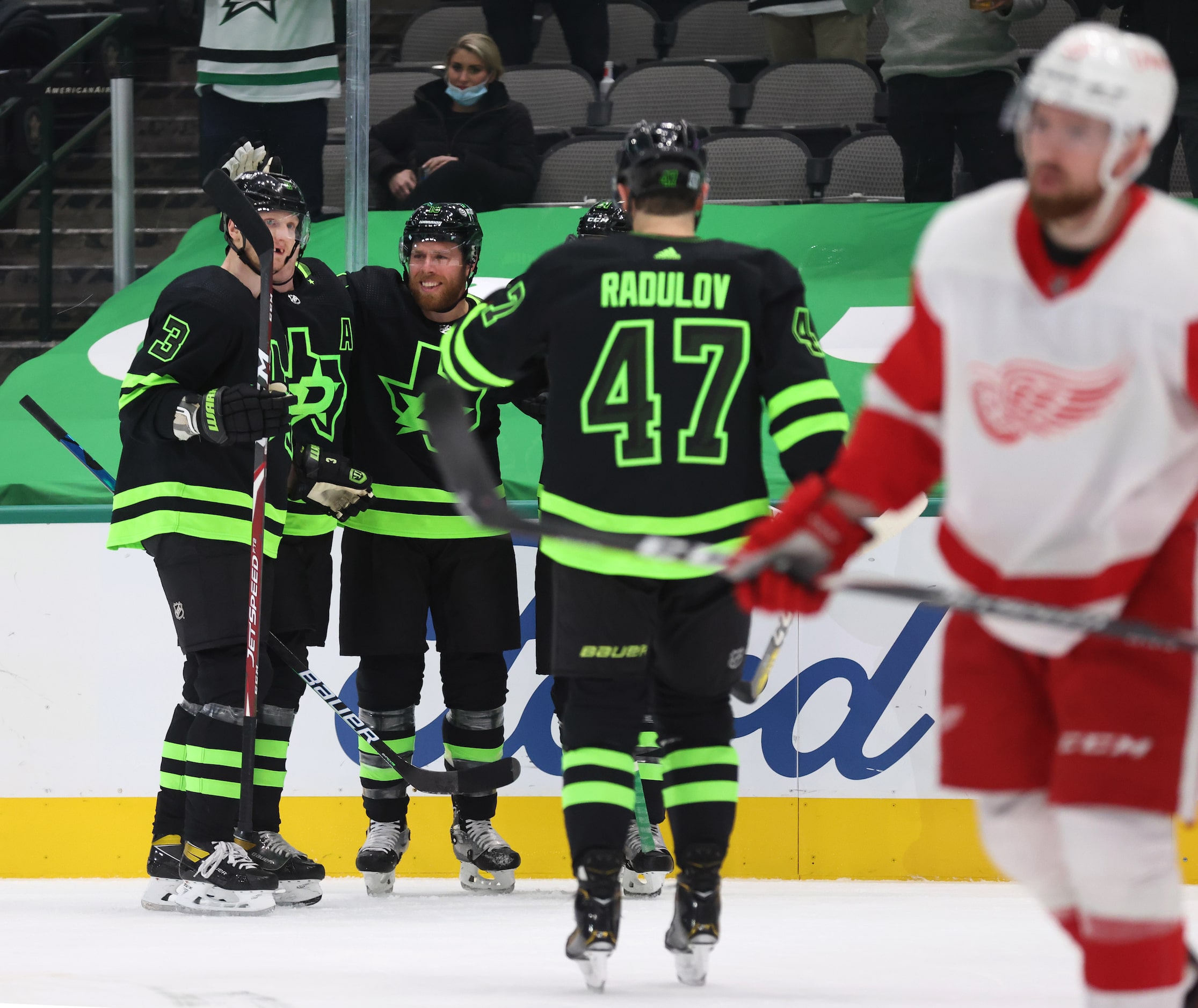 Dallas Stars center Joe Pavelski (16) celebrates his goal with Dallas Stars defenseman Esa...