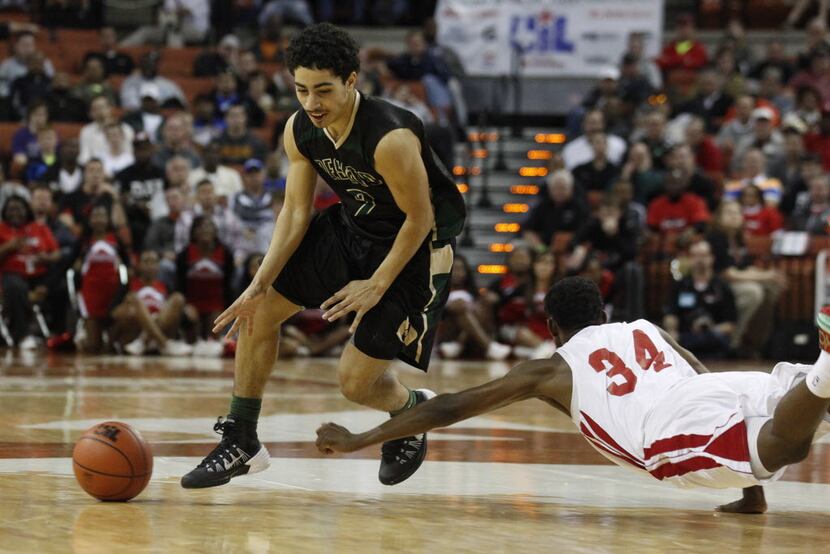 Galena Park North Shore's  Michael Capers (34) causes a turnover by Desoto guard Julian...