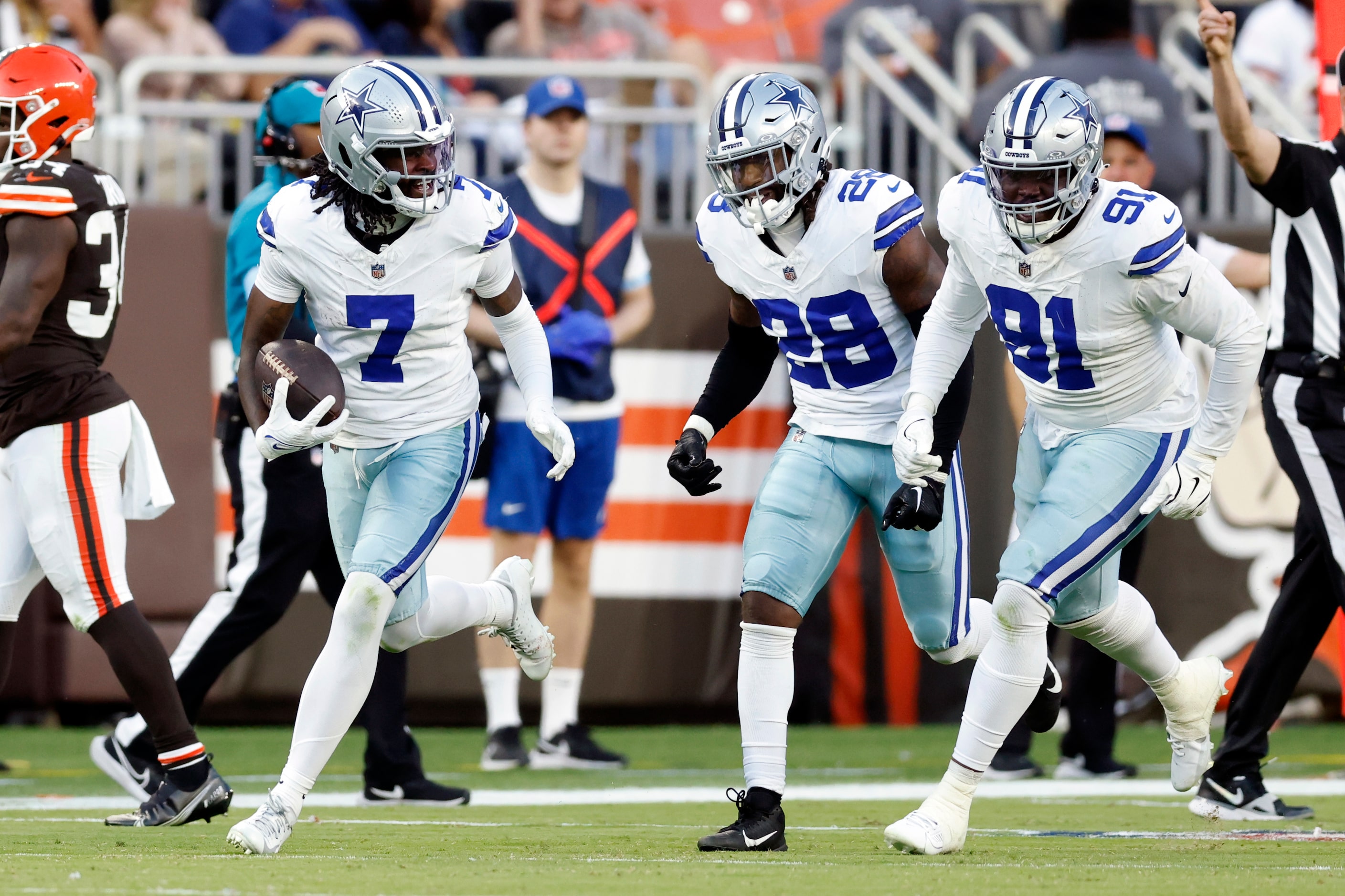 Dallas Cowboys cornerback Trevon Diggs (7) celebrates after an interception with safety...