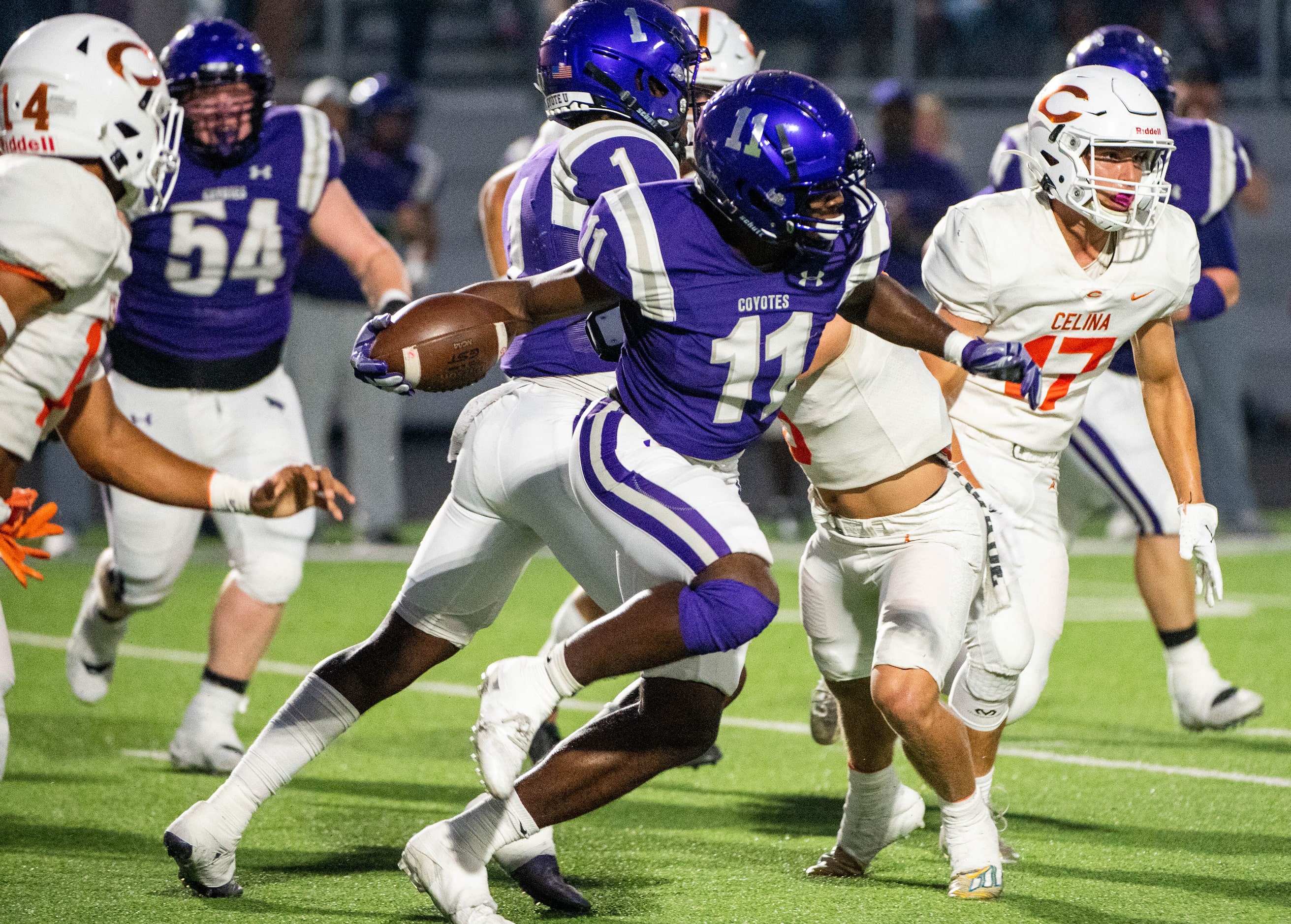 Anna wide receiver Jacob Emmers (11) looks for running room in the first half during a high...