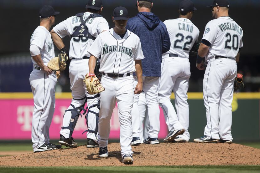 SEATTLE, WA - APRIL 19:  Marco Gonzales #32 of the Seattle Mariners is taken out of the game...