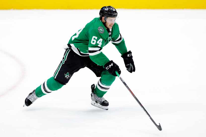 Dallas Stars center Tanner Kero (64) races up ice to catch up with play against the Carolina...