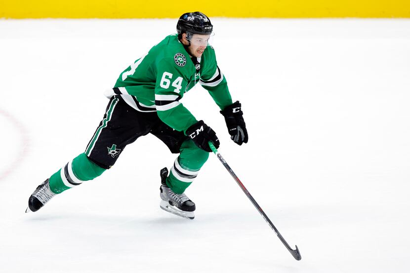 Dallas Stars center Tanner Kero (64) races up ice to catch up with play against the Carolina...