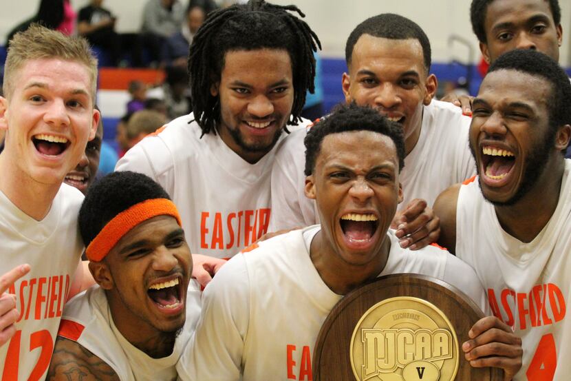 The Harvesters celebrate their NJCAA Region V championship after defeating Richland, 88-78,...