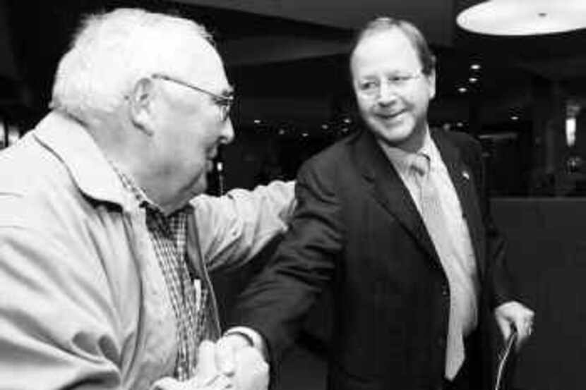  Republican Bill Flores (right), with supporter Alan Waldie, was elected Tuesday in a...