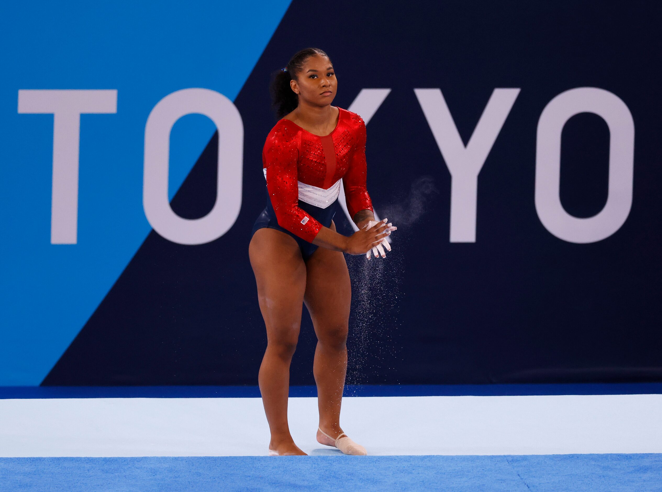 USA’s Jordan Chiles prepares to compete on the floor during the artistic gymnastics women’s...