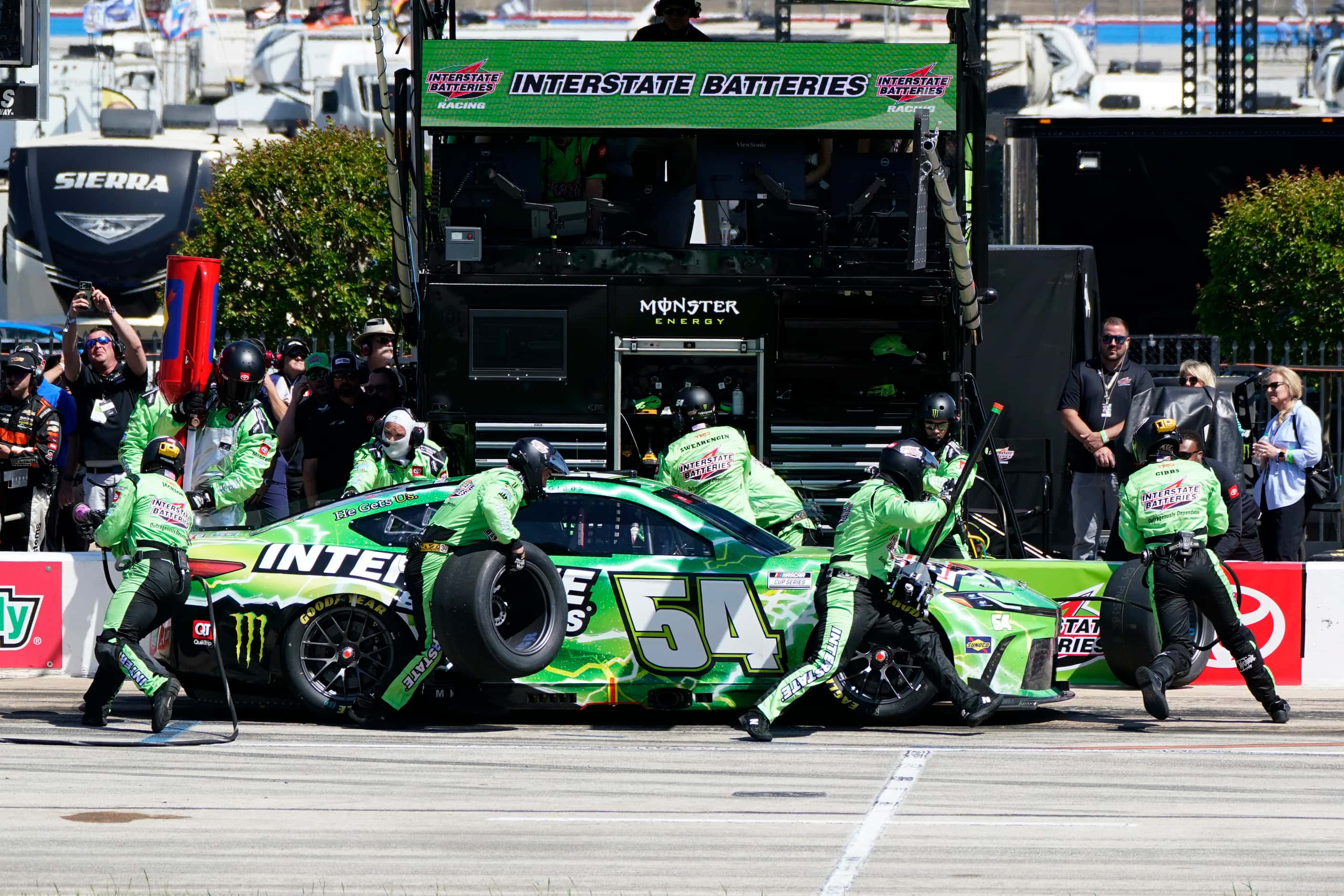 Ty Gibbs (54) pits during a NASCAR Cup Series auto race at Texas Motor Speedway in Fort...