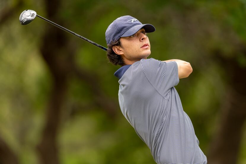 Keller's Jackson Naeger hits from the first tee box during the final round of the UIL Class...