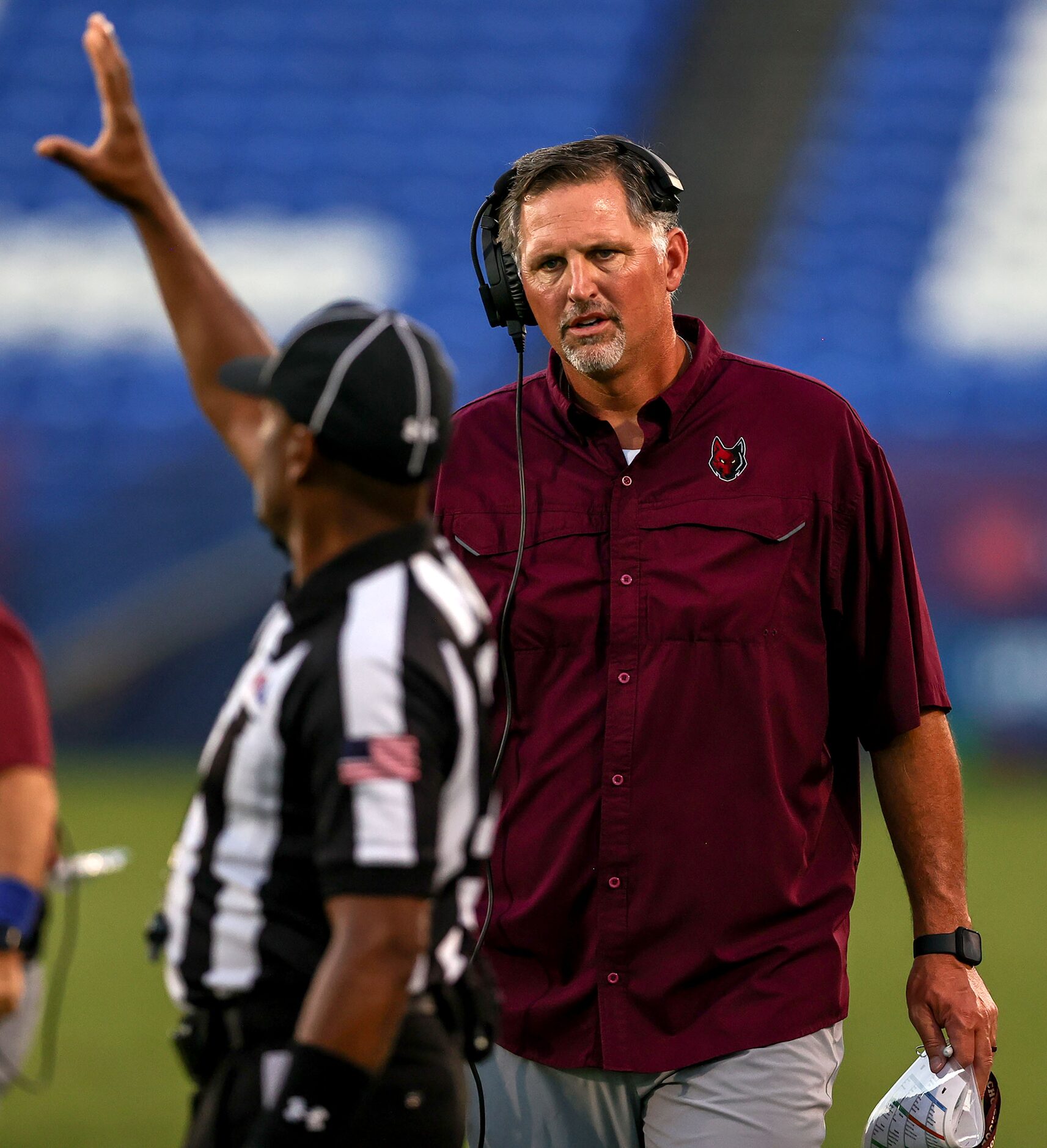 Frisco Heritage head coach Kenneth Gilchrist has a few words to the official during the game...