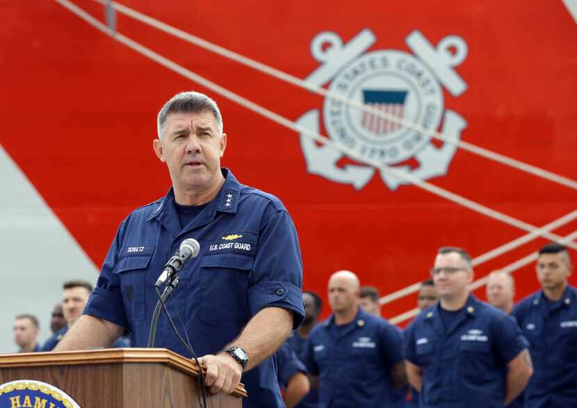 U.S. Coast Guard Vice Admiral Karl Schultz speaks during a news conference where they...
