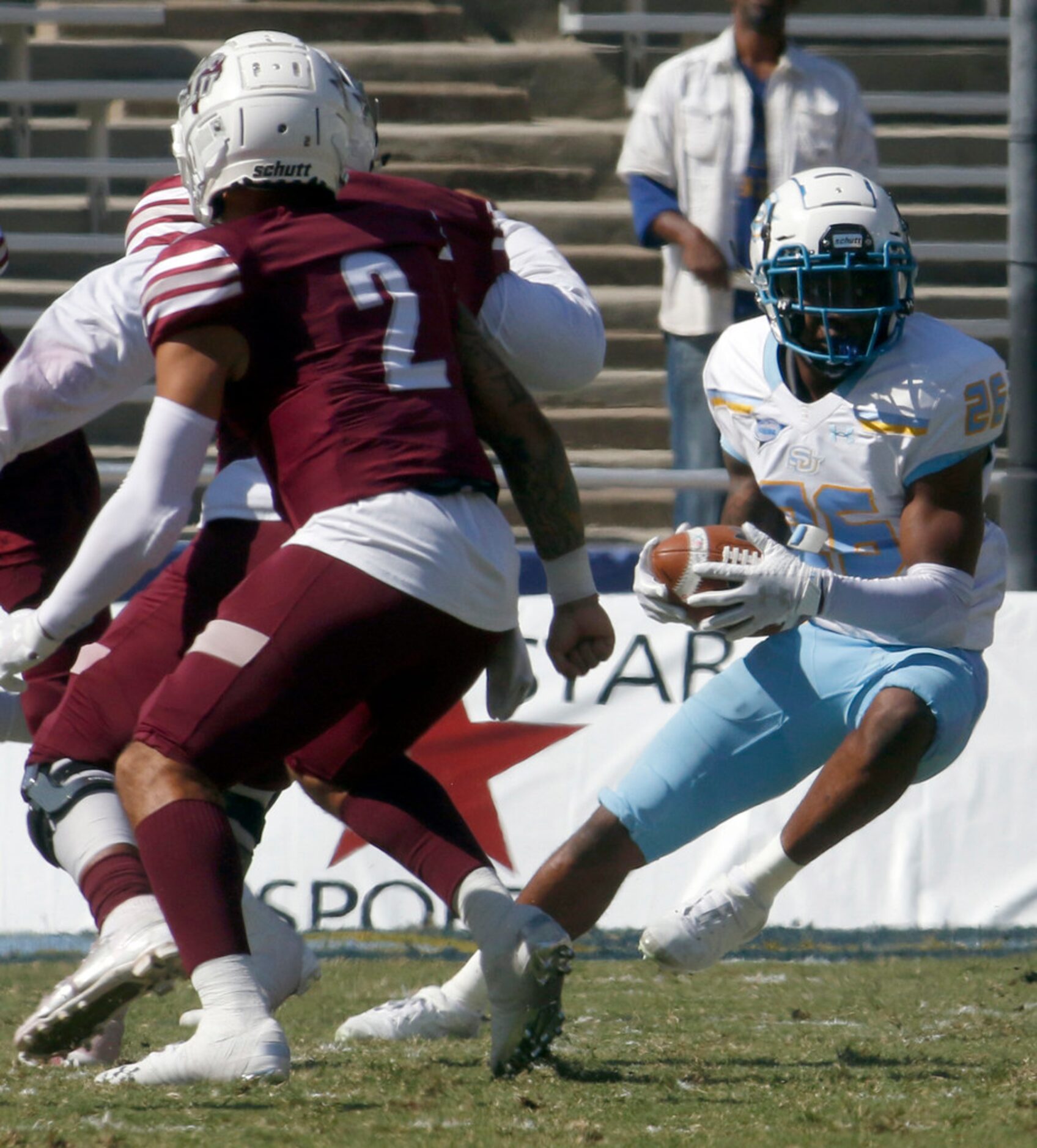 Southern defensive back Tamaurice Smith (26) pumps the brakes as he sets up a return after...