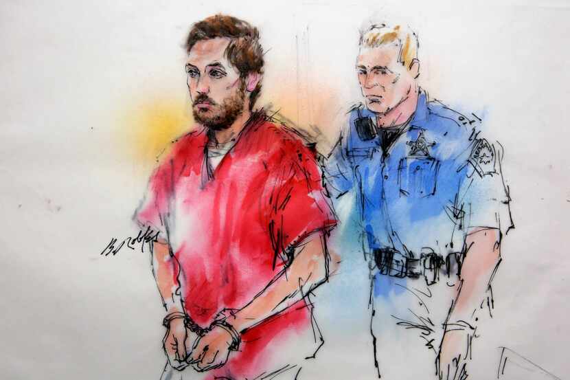 This courtroom sketch shows James Holmes being escorted by a deputy as he arrives at...