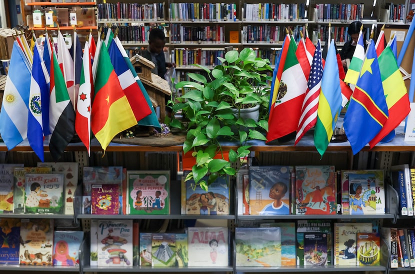 A collection of flags fill the top of the world cultures section of the Saginaw Public...