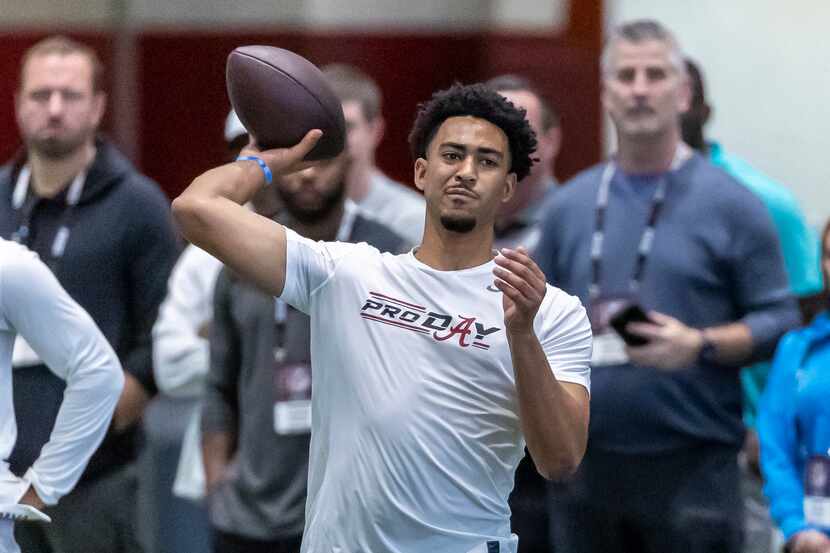 Former Alabama football quarterback Bryce Young works in position drills at Alabama's NFL...