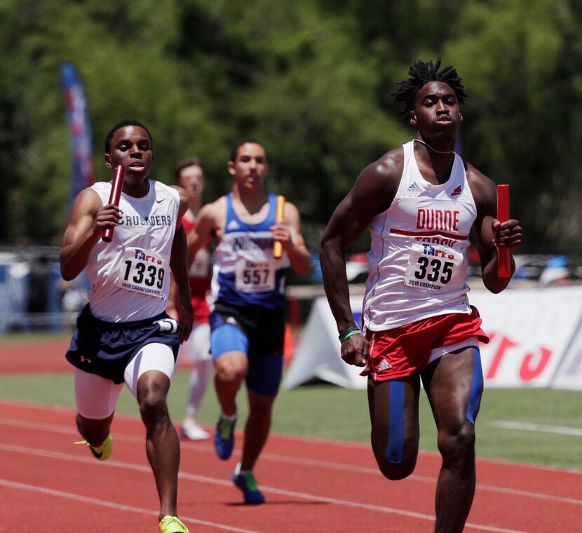 Marquez Beason from Bishop Dunn wins the Men 4x200 during a TAPPS state Championships Track...