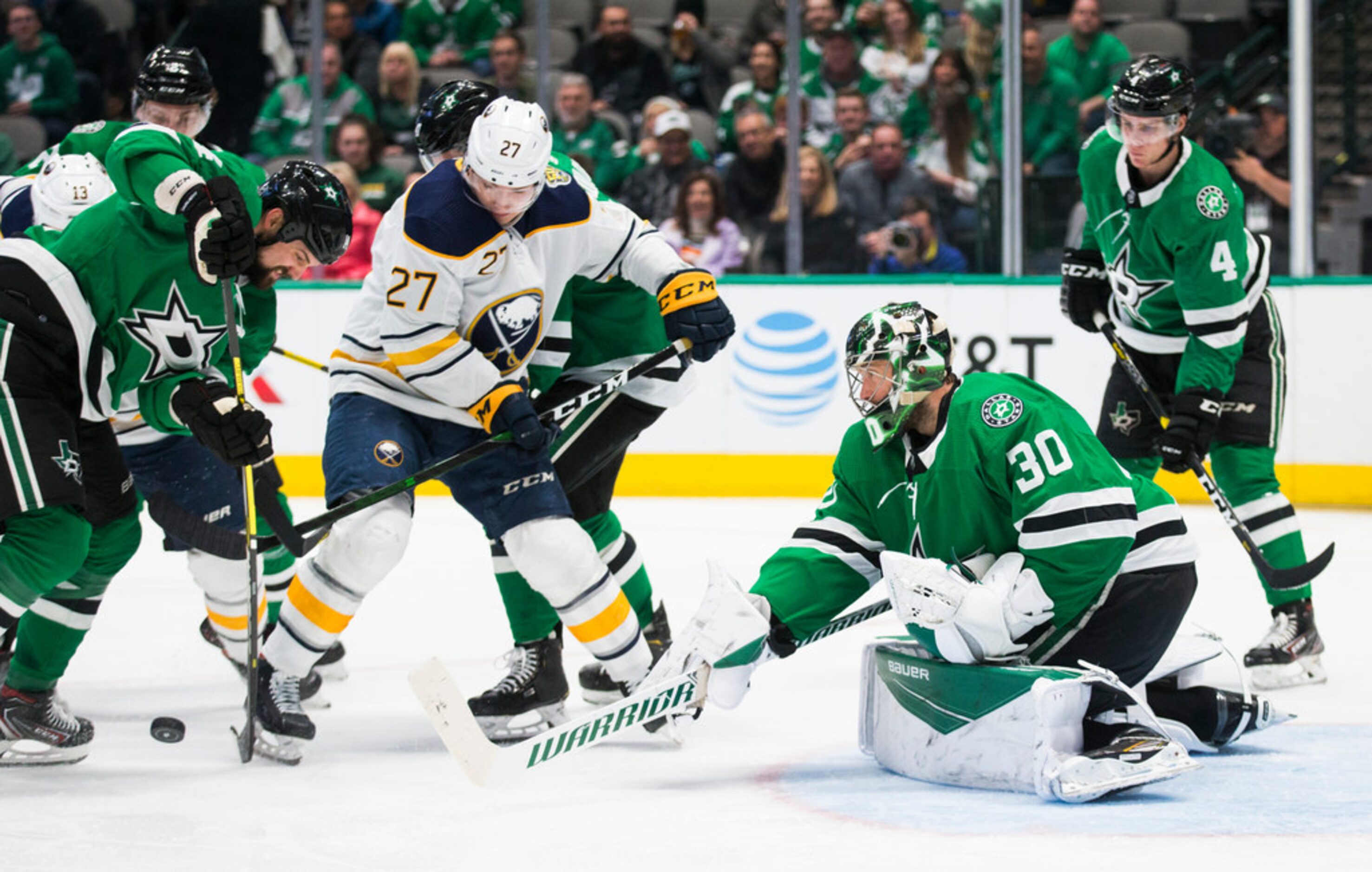 Dallas Stars goaltender Ben Bishop (30) blocks a shot by Buffalo Sabres center Curtis Lazar...