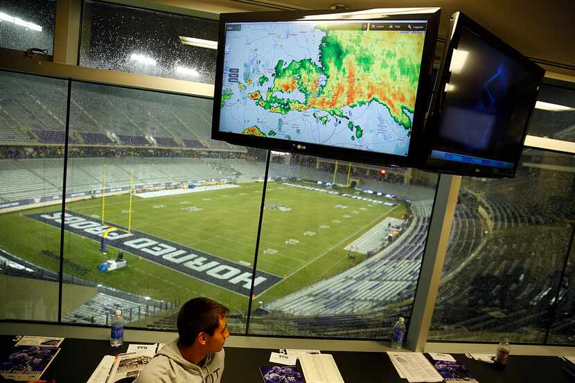 A radar image confirms the rain and lightning Fort worth received as the TCU-Texas football...