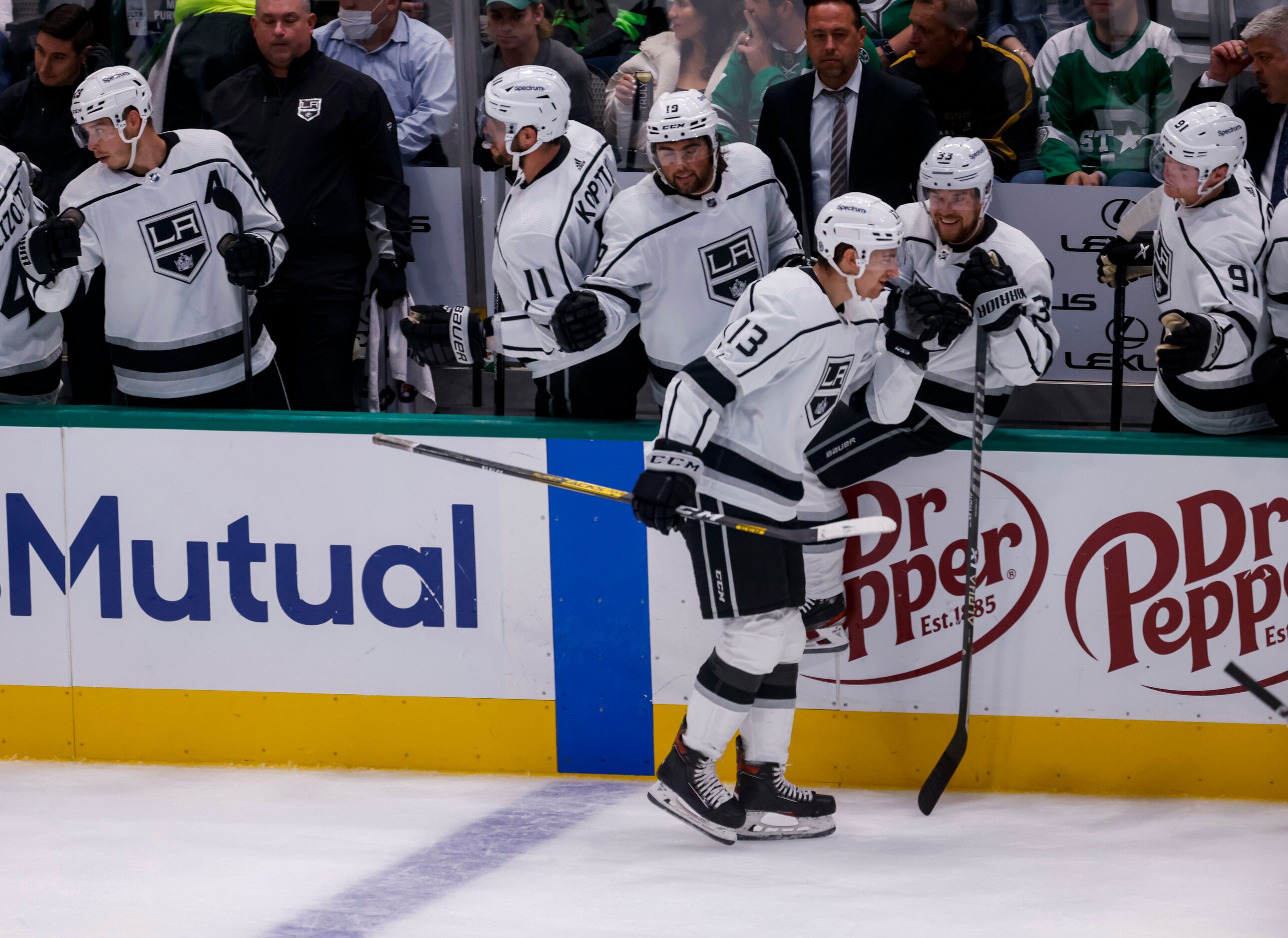 Los Angeles Kings center Gabriel Vilardi (13) celebrates a goal during the second period of...