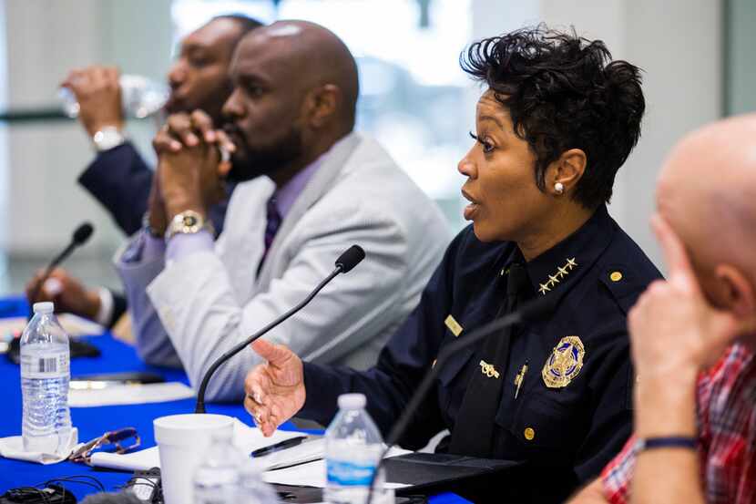 Dallas Police Chief U. Renee Hall answers a question at a public safety forum to address an...