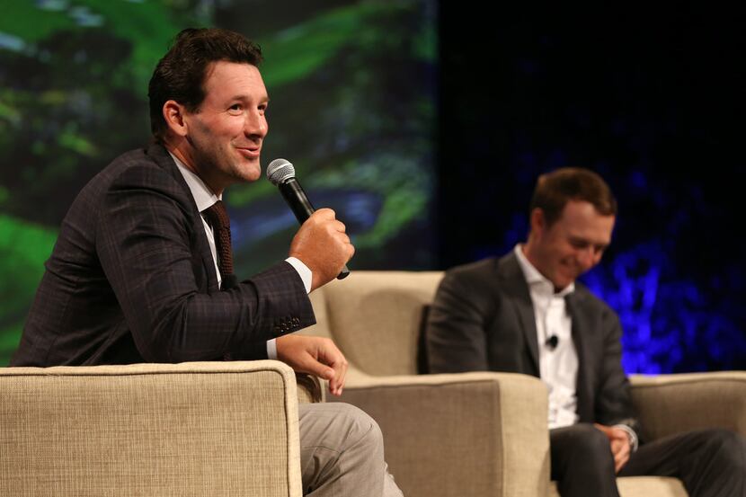 Tony Romo speaks alongside Jordan Spieth during "A Conversation With a Living Legend" at the...