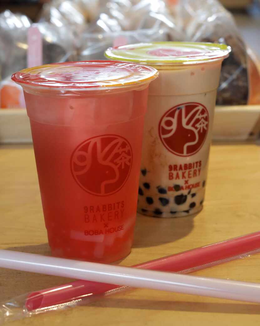 The Hibiscus lemonade with boba, left, and the classic milk tea with boba at 9 Rabbits...