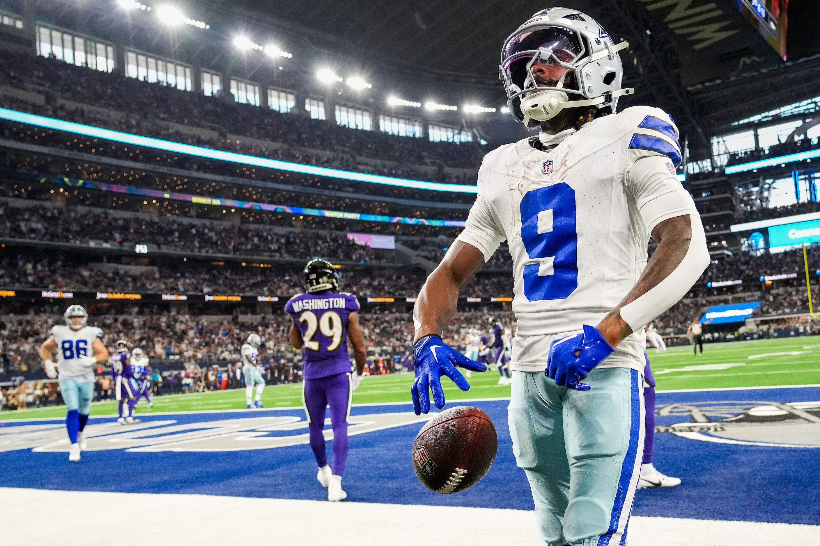 Dallas Cowboys wide receiver KaVontae Turpin (9) celebrates after catching a 16 yard...