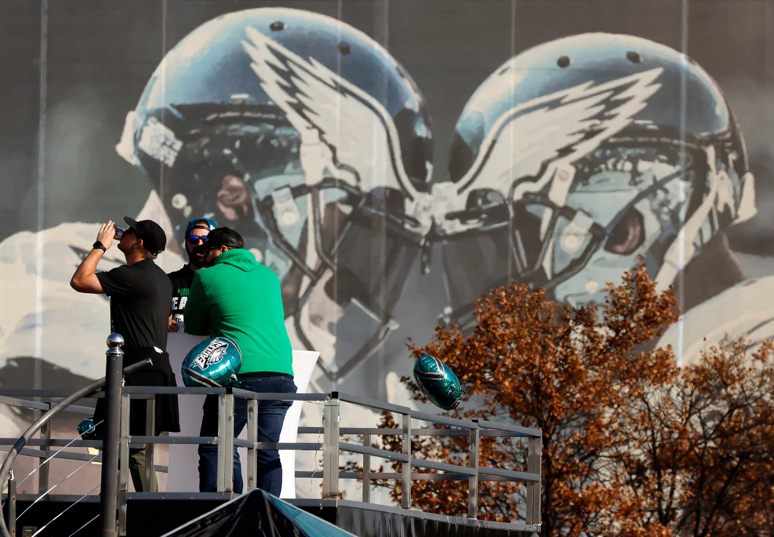 Philadelphia Eagles fans party atop a trailer outside Lincoln Financial Field in...
