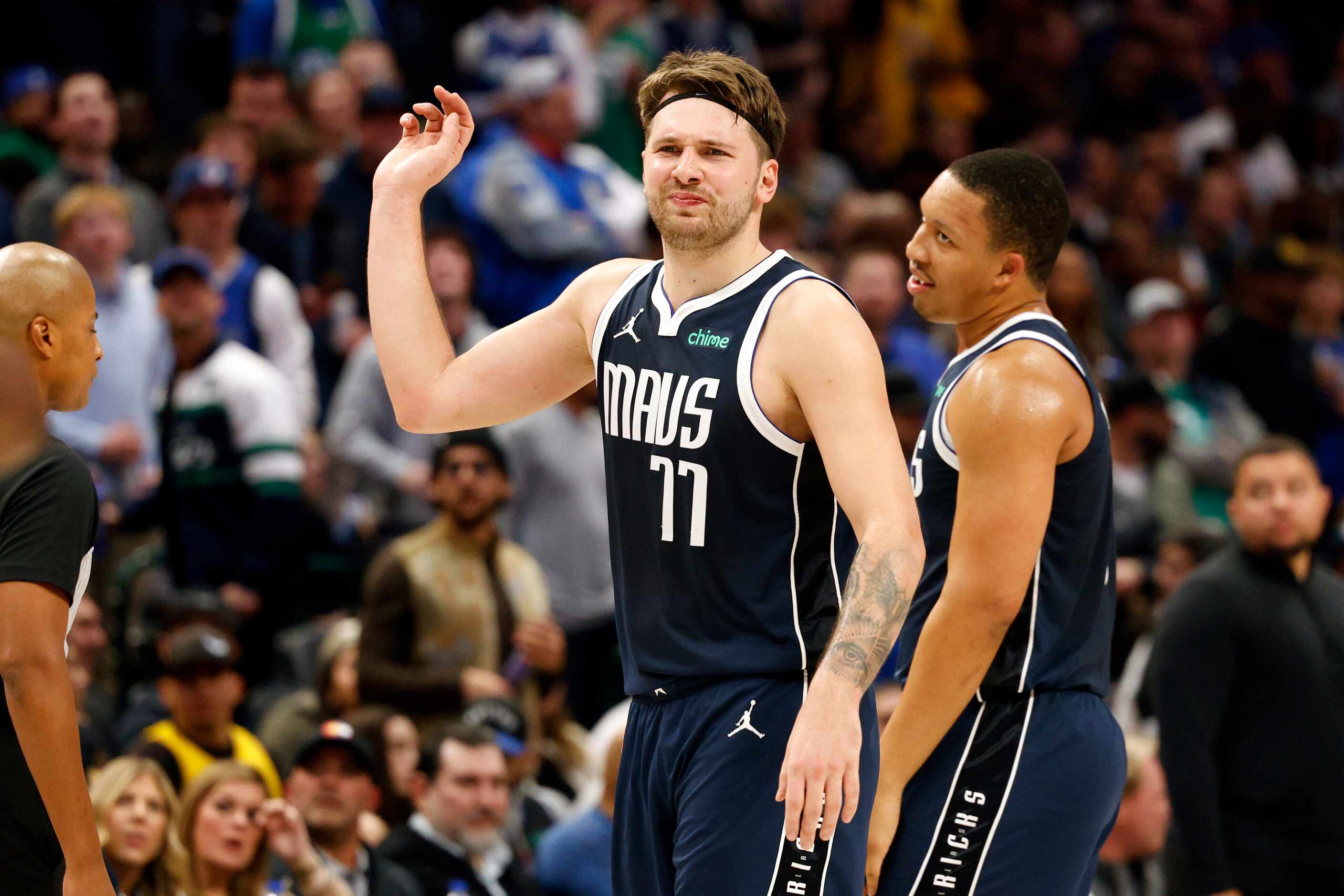 Dallas Mavericks guard Luka Doncic (77) reacts after a technical foul was called on Dallas...