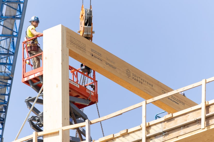 This week, the final wooden beams were set in place for the Southstone Yards office building.