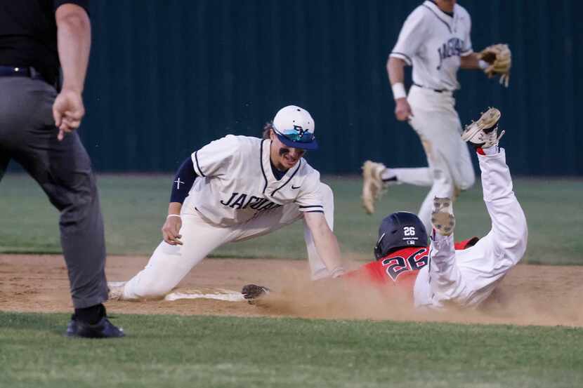 Flower Mound’s Sam Distel (left) tags out Coppell high’s Jake Garcia in the second base...