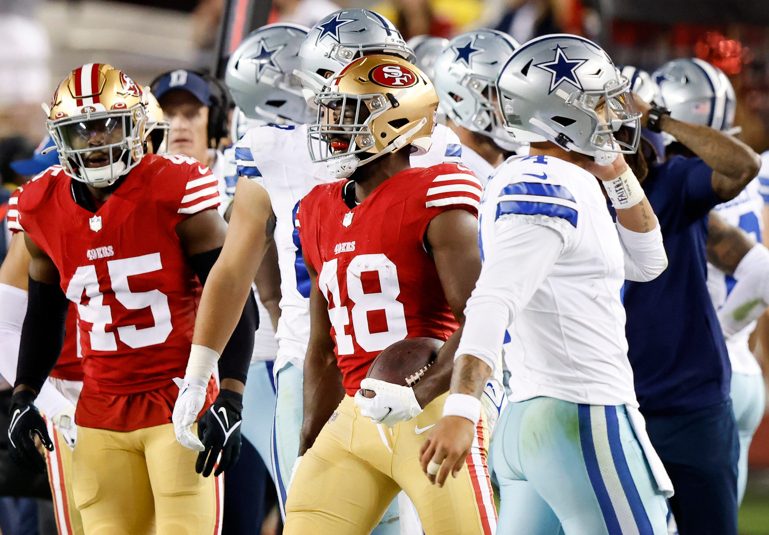 San Francisco 49ers linebacker Oren Burks (48) celebrates his second half interception of...