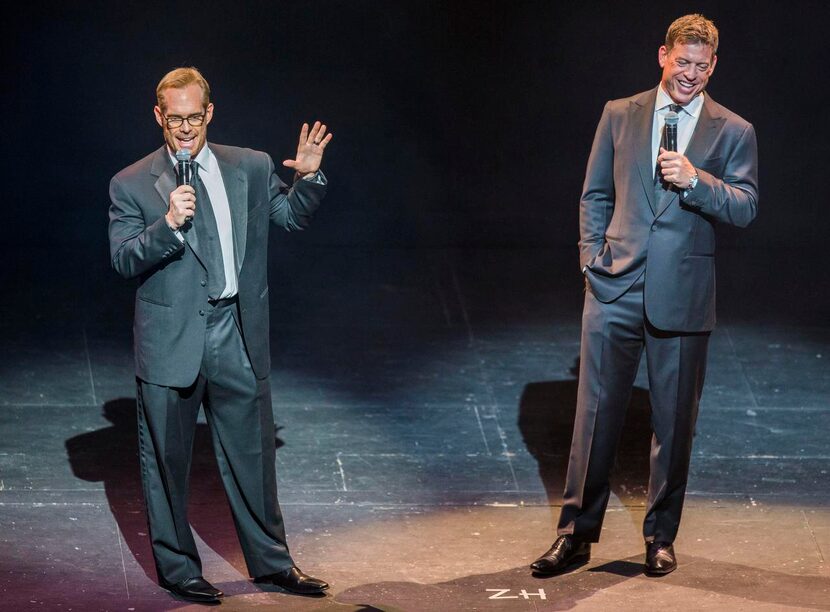 
Sportscaster Joe Buck and former Dallas Cowboys quarterback Troy Aikman host the 2015 Texas...