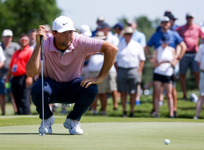 Scottie Scheffler aligns his third hole during the second round of AT&T Byron Nelson on...