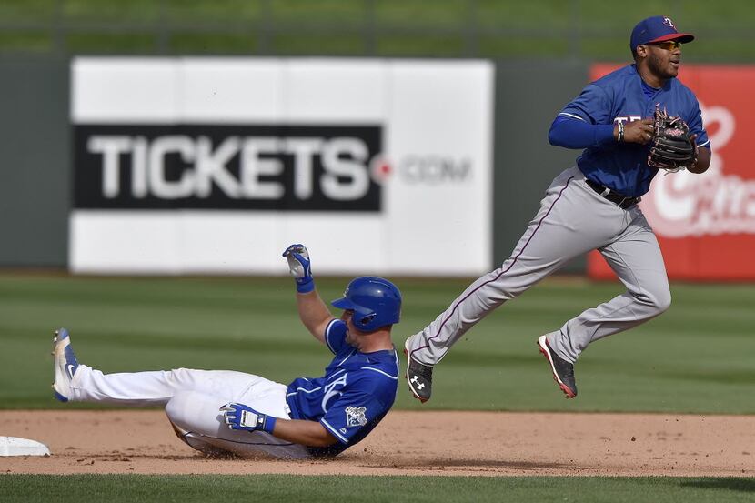 Kansas City Royals' Zane Evans, left, is forced out at second by Texas Rangers' Josh Morgan,...