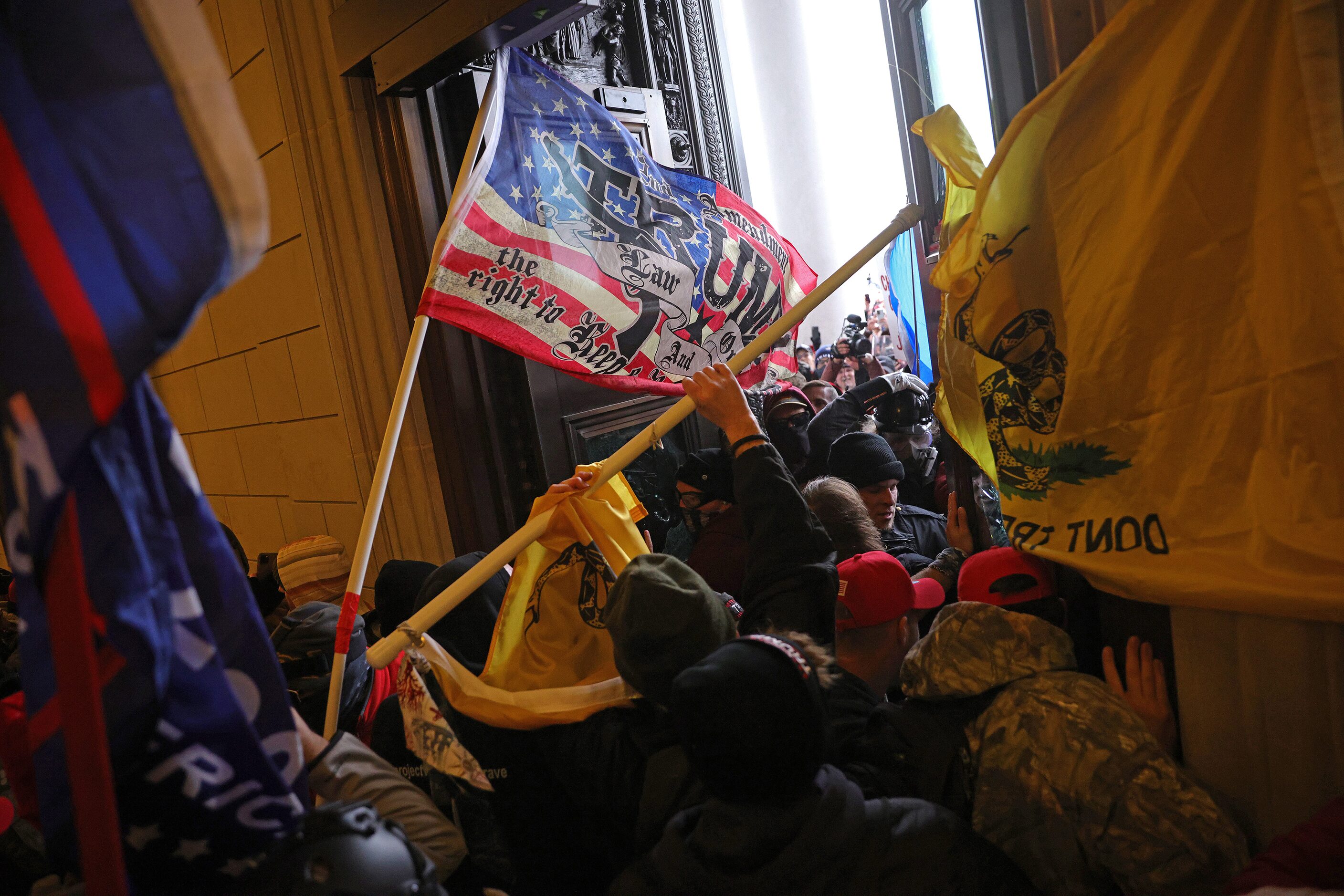 Protesters supporting U.S. President Donald Trump break into the U.S. Capitol on Wednesday,...