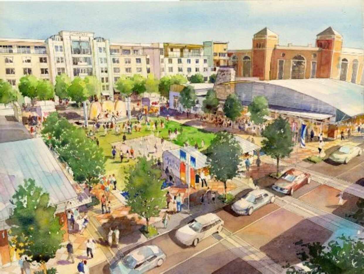 This artist rendering shows Glorypark Town Square looking northeast towards Rangers Ballpark...