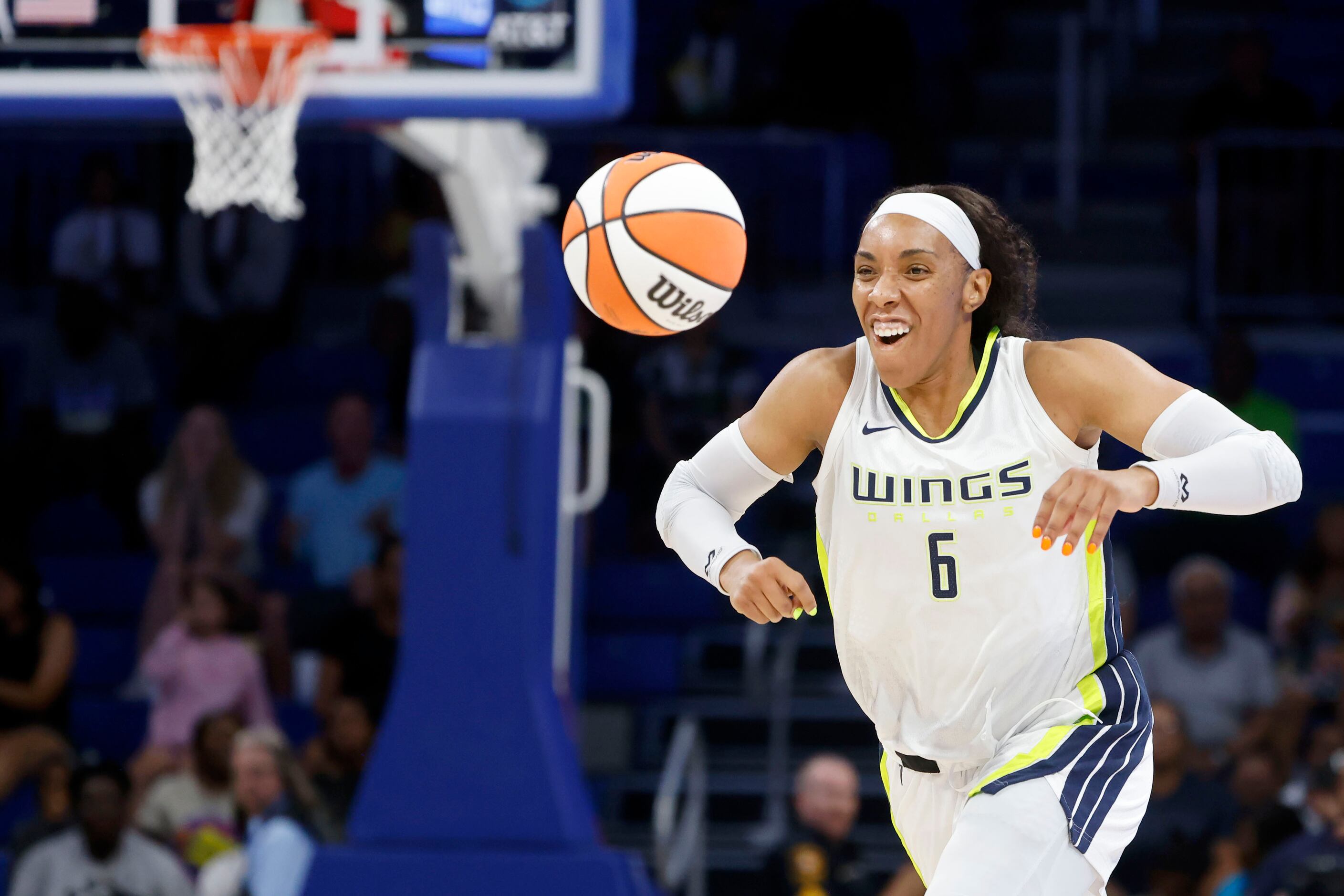 Dallas Wings forward Kayla Thornton (6) reacts after being fouled on a fast break while...
