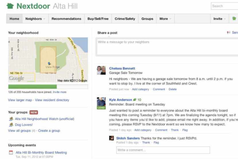 A sample shows one neighborhood's home page on the Nextdoor service.