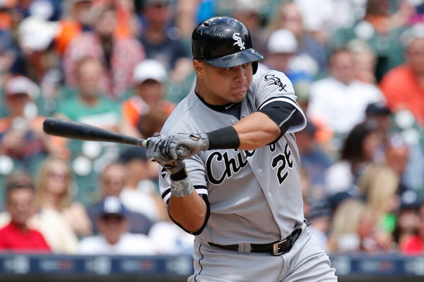Chicago White Sox's Avisail Garcia bats against the Detroit Tigers during a baseball game...