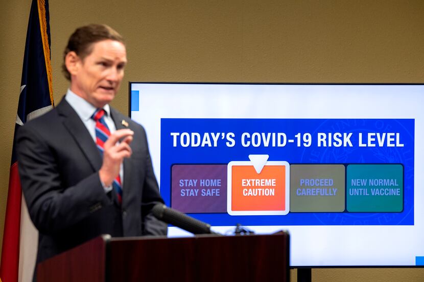 Dallas County Judge Clay Jenkins announced a shift from red to orange in the COVID-19 risk...