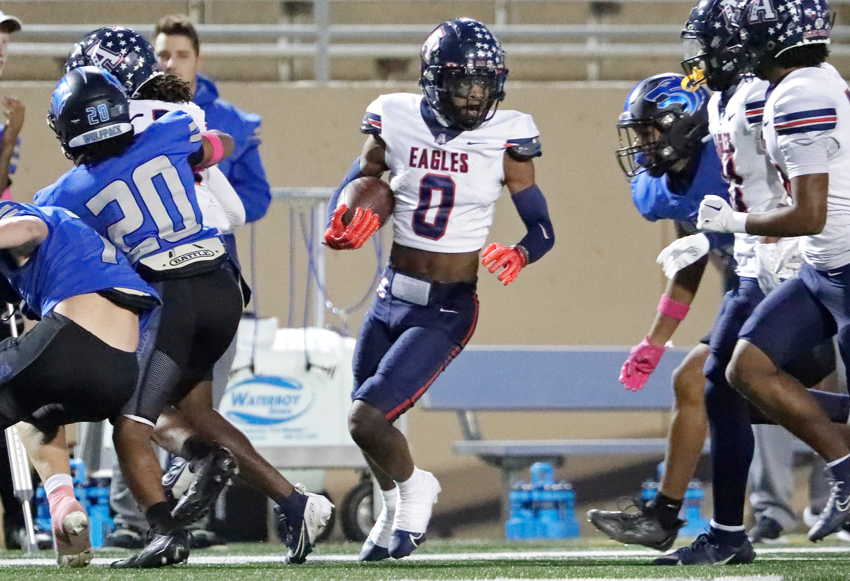 Allen High School wide receiver Donnell Gee (0) looks for room to run during the first half...