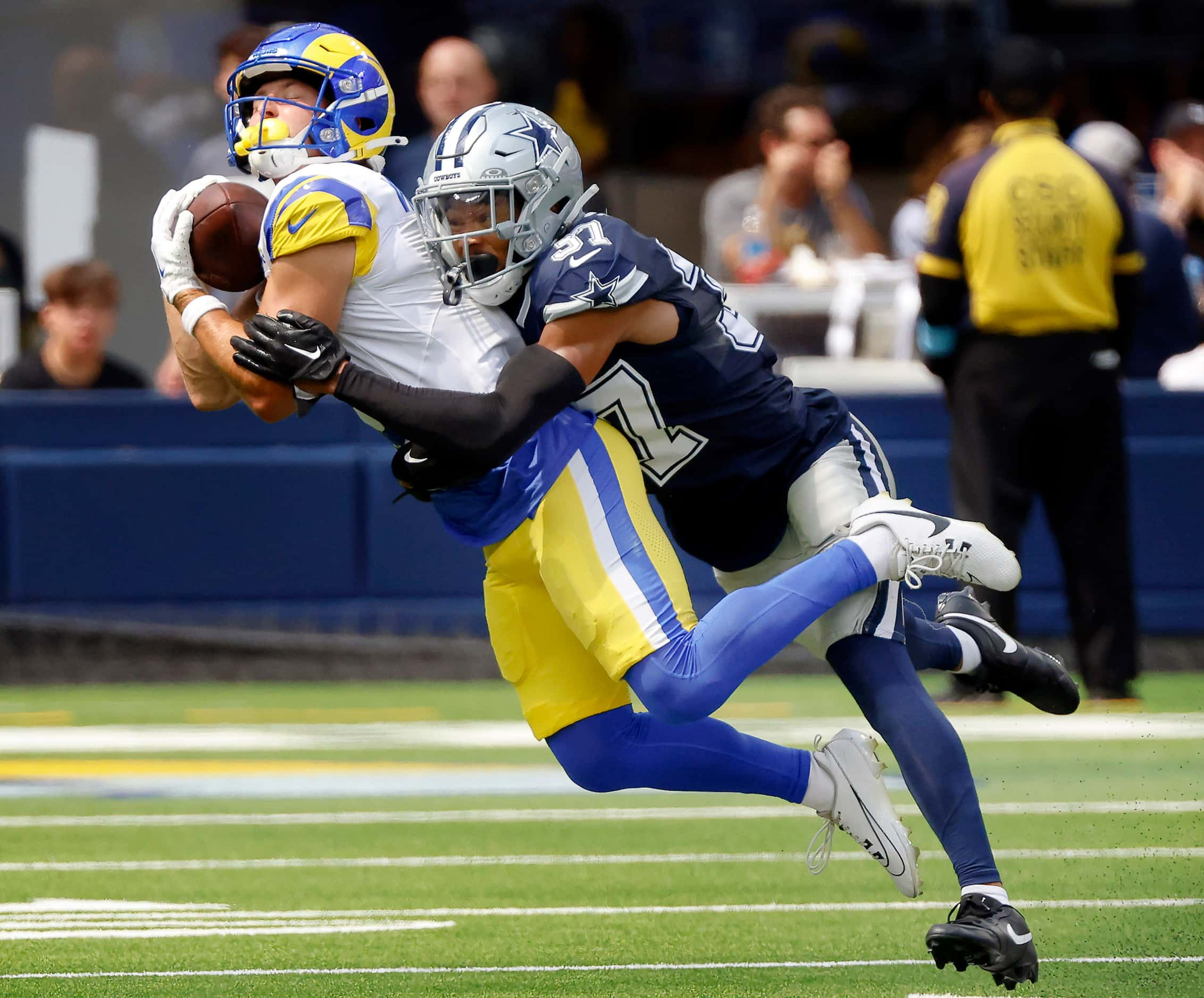 during the first half of a preseason game at Sofi Stadium in Inglewood, California, August...