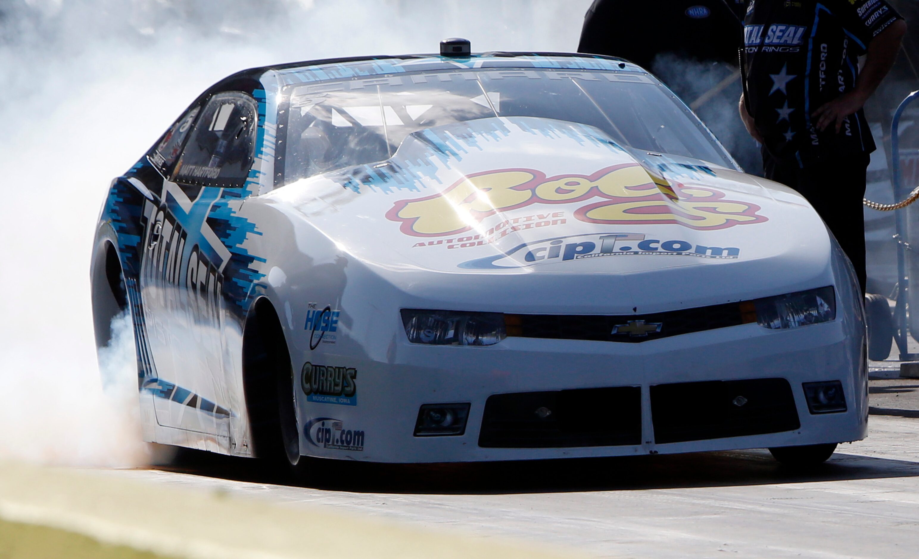 Matt Hartford heats his tires in preparation for a race. Hartford took the top prize by...