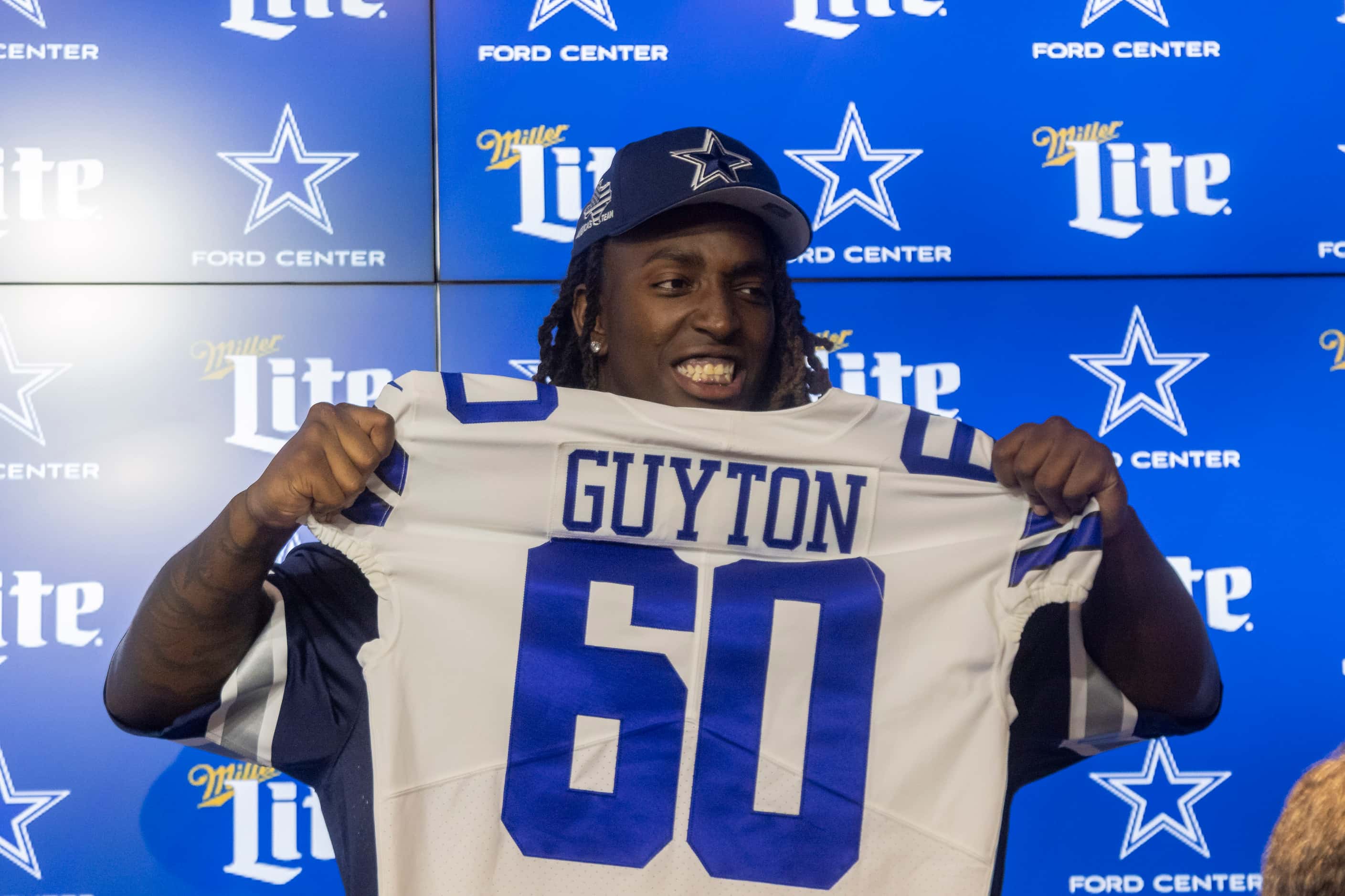 The new Dallas Cowboys left tackle Tyler Guyton, who was drafted at No. 24 overall Thursday...