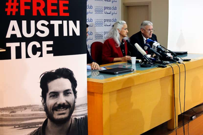 FILE - Marc and Debra Tice, the parents of Austin Tice, who is missing in Syria, speak...