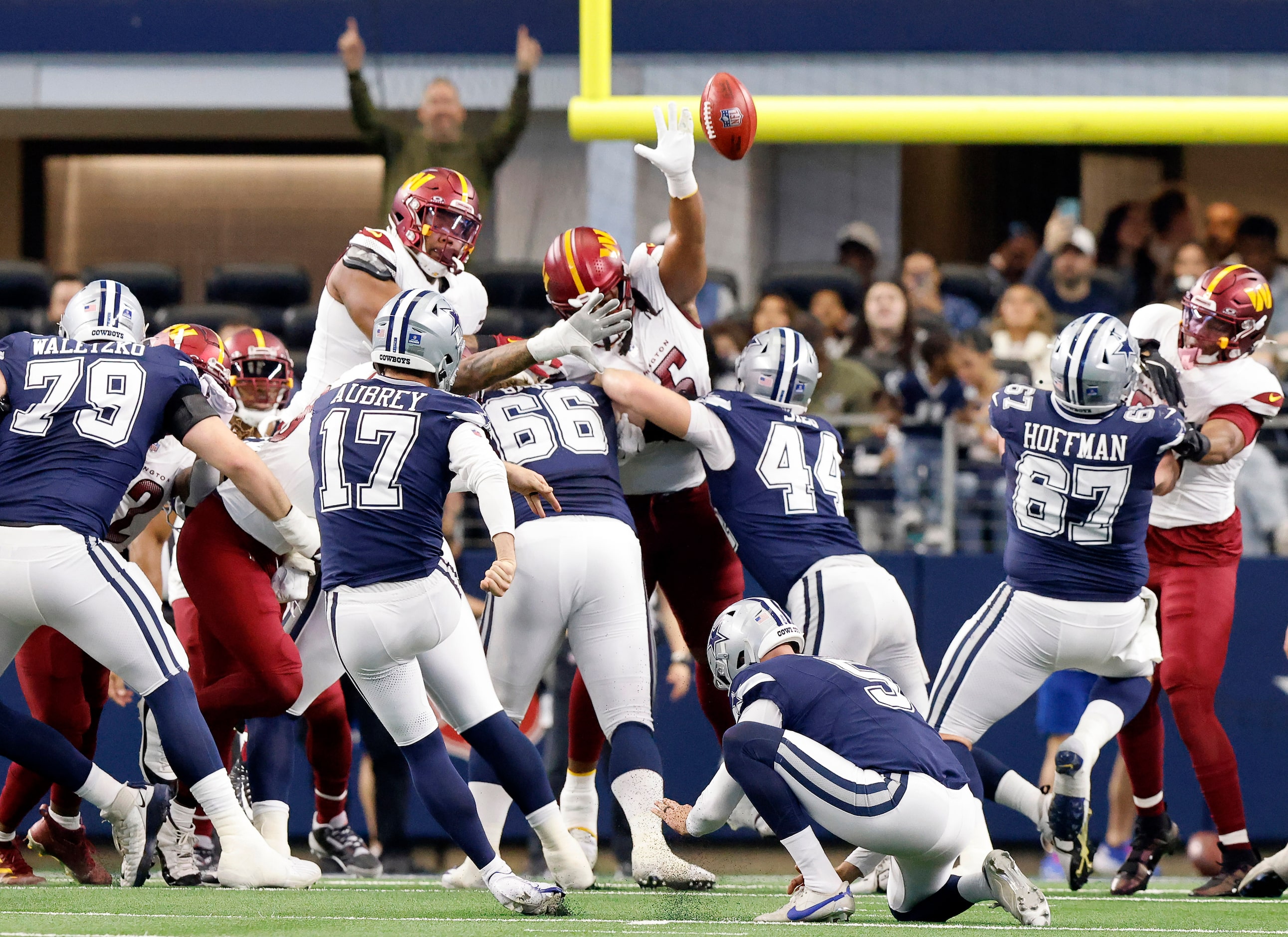 Dallas Cowboys place kicker Brandon Aubrey (17) connects on a first quarter field goal...