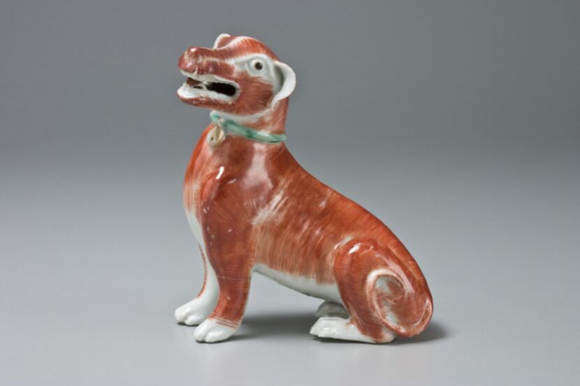 Hound with collar and bell, Qing Dynasty, Qianlong reign, (1750-75), porcelain, overglaze...