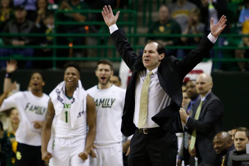 Baylor head coach Scott Drew reacts to a play against Mississippi State during the second...