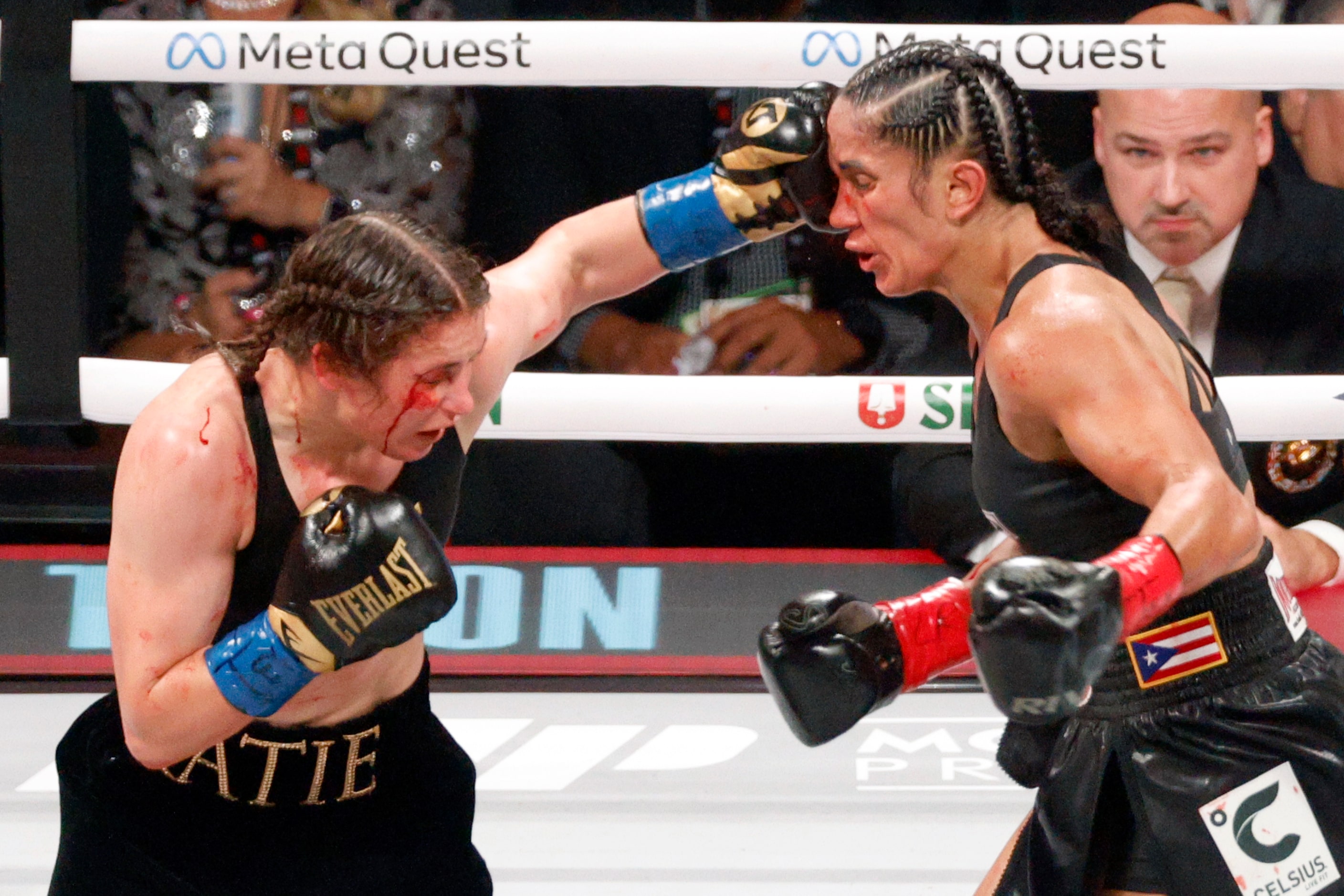 Katie Taylor catches Amanda Serrano with a punch to the head during round eight of the...